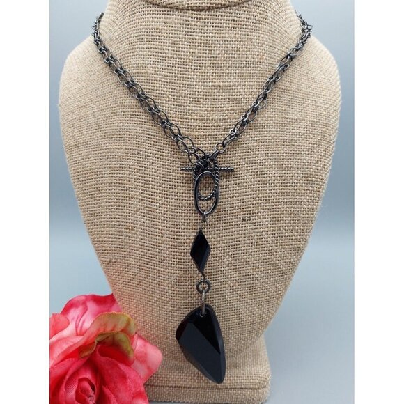Black Gunmetal Faceted Bead Pendant Convertible Chain Necklace Choker Goth 32" - Picture 9 of 12